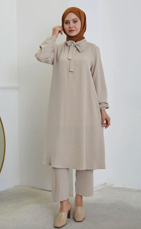RANABUTİK Women's Hijab Collar Double Top and Bottom Beige Suit with Scarf