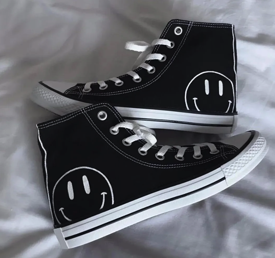 Halloween Unisex Casual Linen Comfortable Ankle Black Long Smile Printed Sneakers
