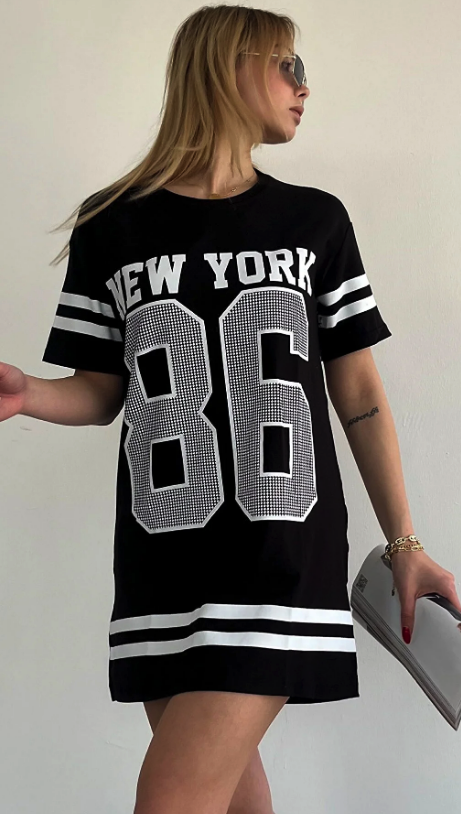 Trend Alaçatı Style Women's Black Crew Neck Printed Oversize Dress ALC-X10066