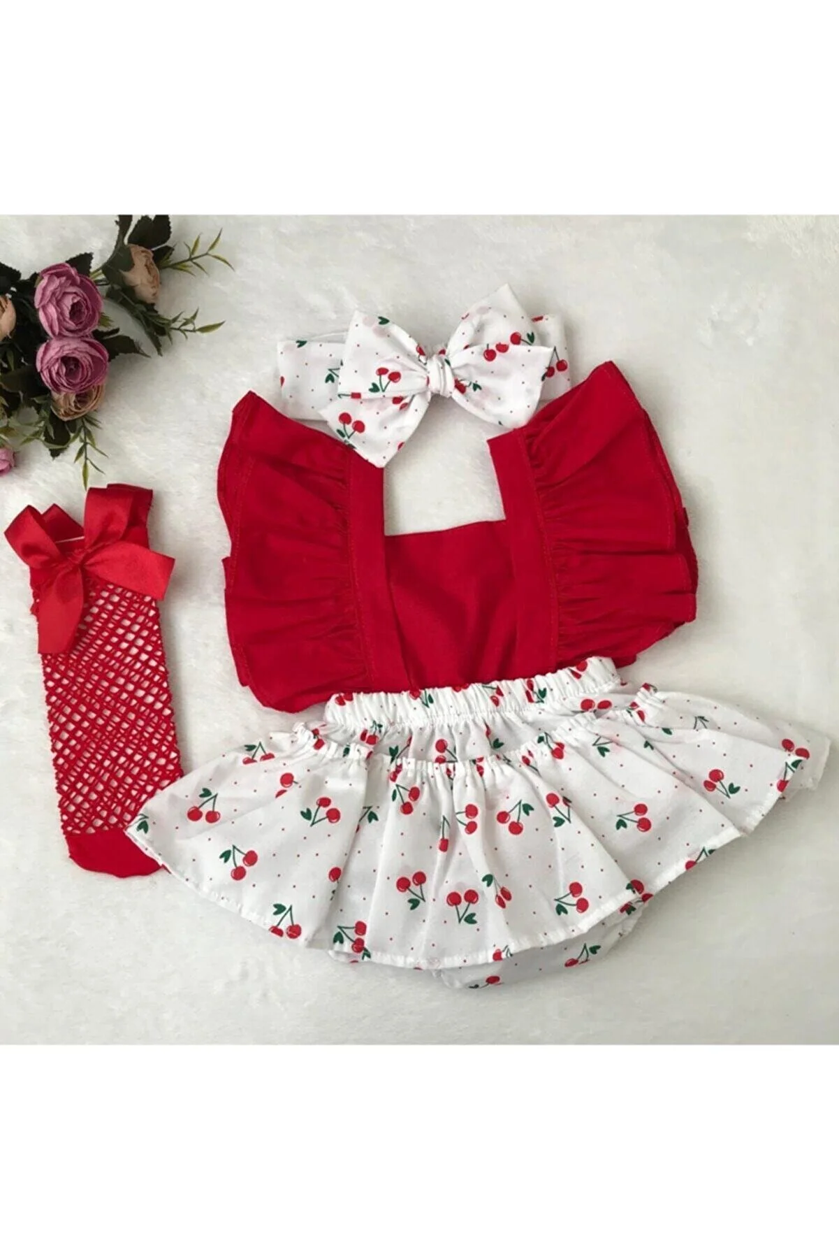 ŞAPKAKİDS Red Cherry Print Ruffled Romper with Bandana and Fishnet Socks Set