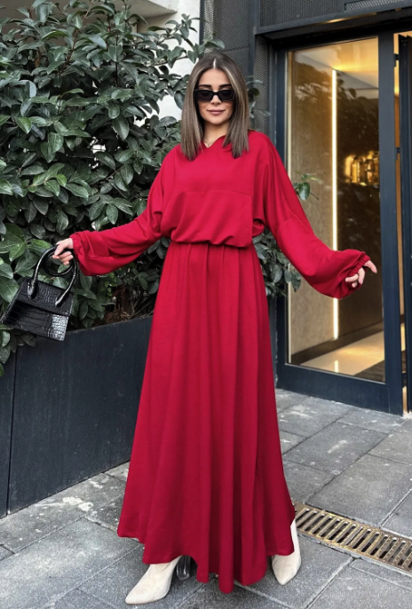New Laviva Women's Red Hooded, Kangaroo Pocket Detailed, Elastic Waist, Casual Long Dress