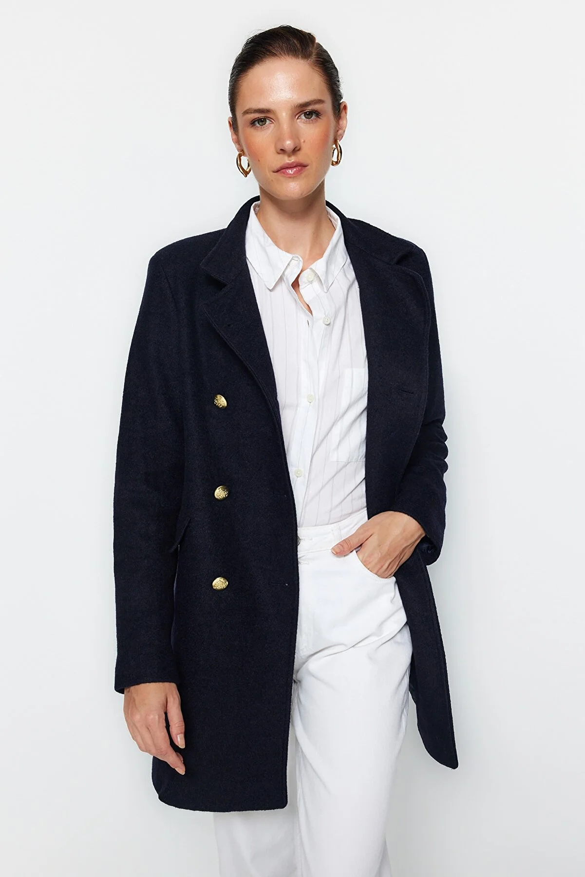 Navy blue premium cashmere coat with gold button details. stylish and elegant design TWOAW24KB00064