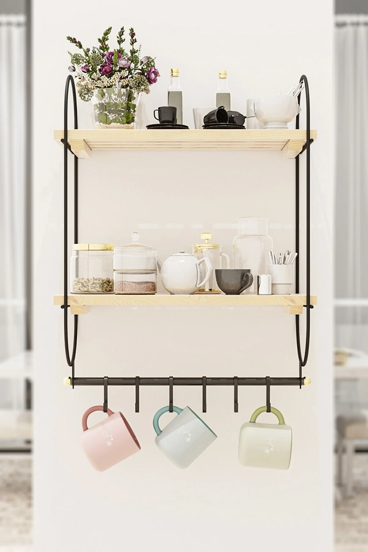 Bino 6-Hook Wooden Kitchen Shelf - Cup and Mug Organizer Rack with Grid Design