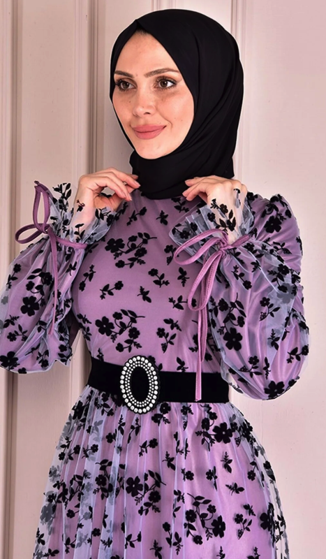 ModaMerve Belted Tulle Dress Lilac Asm2486 TYC00597604448