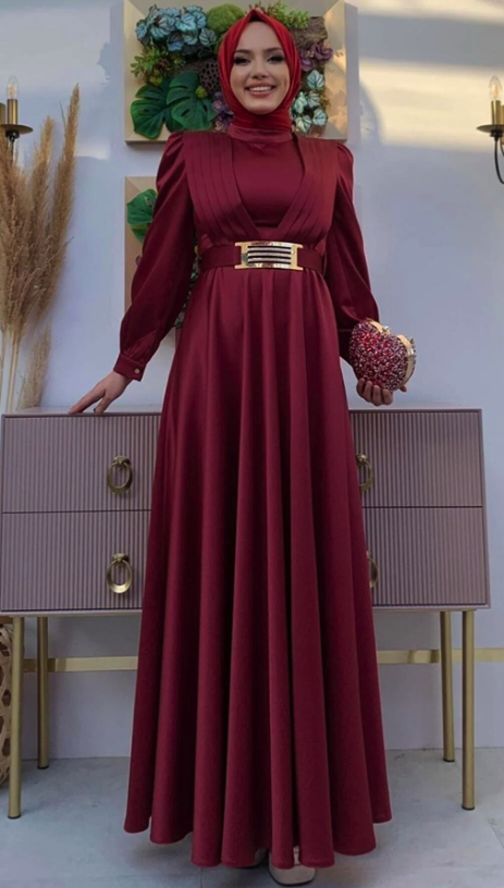 TRENDTESETTÜR Women's Burgundy Belted Draped Detailed Satin Evening Dress T 2973 23YABLTR2973