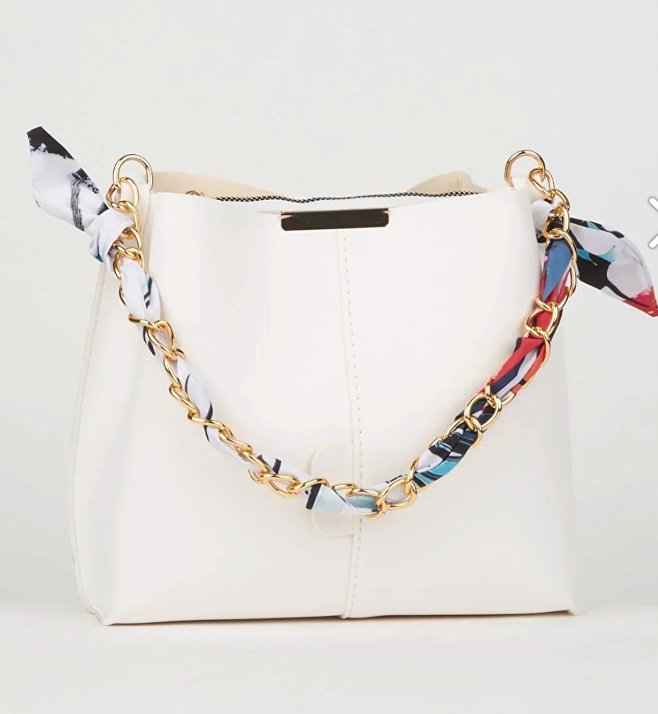 Crocos Women's Black\White Scarf Chain Accessory Soft Leather 3-Compartment Hand, Arm And Shoulder Bag